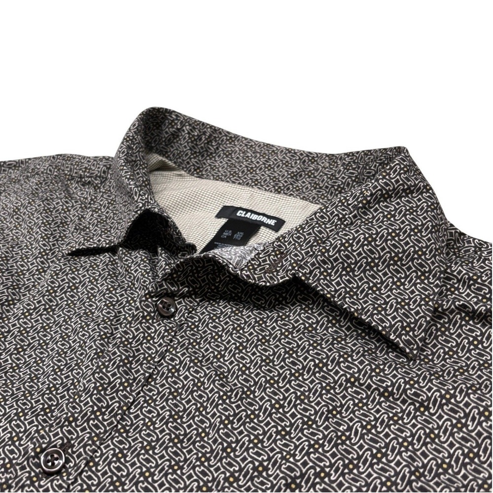 Claiborne Button Down Shirt Mens XXL Black White Geo Print Short Sleeve Pockets
